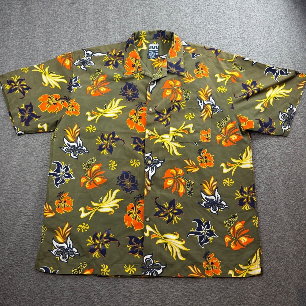 US Expedition Hawaiian Shirt Men Large Green Floral Tropical Short Sleeve Button